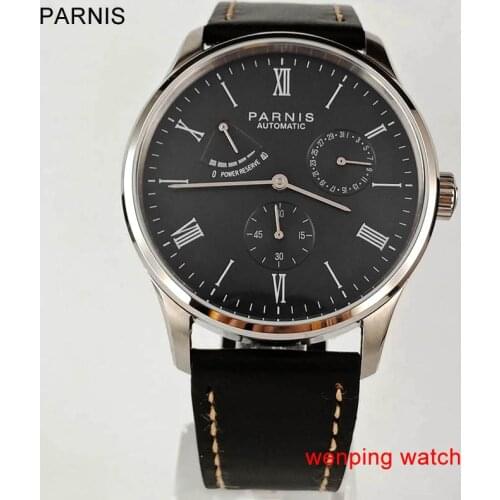 2017 New Arrival Parnis Calendar 41mm Mens Mechanical Watches leather Band Automatic Watch Men Silver Available W2471