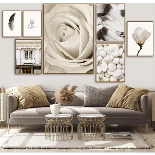 Wall Art Canvas Painting White Rose Flower Stone Feather Nordic Posters And Prints Landscape Wall Pictures For Living Room Decor