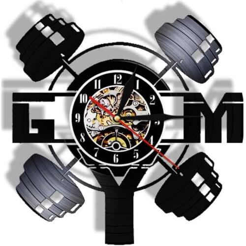 GYM Weightlifting Fitness Creative Wall Clock with LED Backlight Remote Control Powerlifting Silent Modern Vinyl LP Record Watch