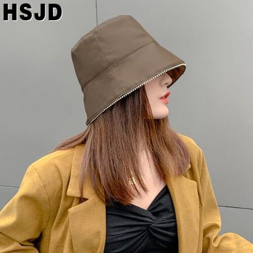 Autumn Winter Women PU Bucket Hat Foldable Leather Fishing Cap Solid Color Wide Brim Waterproof Fisherman Hats Panama female cap