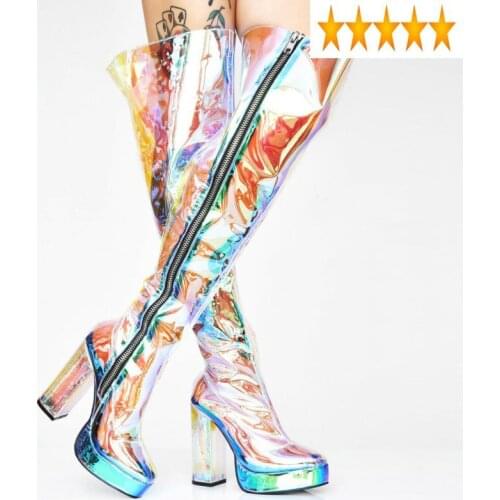 PVC Block Heels Platform Transparent Over The Knee Women Rock Punk Runway Heel Shoes Plus Size Thigh High Boots