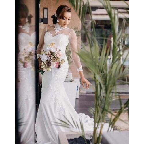 Plus Size Mermaid African Wedding Dresses 2021 Illusion Long Sleeve Lace Garden Wedding Dress High Neck Beaded Country Boho Brid