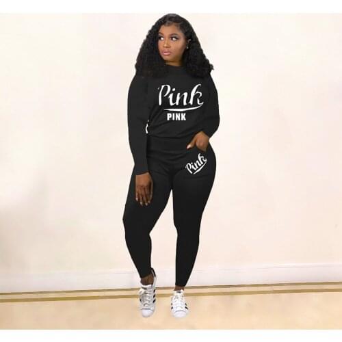 Pink Letter Print Round Neck Short Sleeve Tshirts Tops Sweatpants Joggers Women Two Piece Outfits Casual Suits