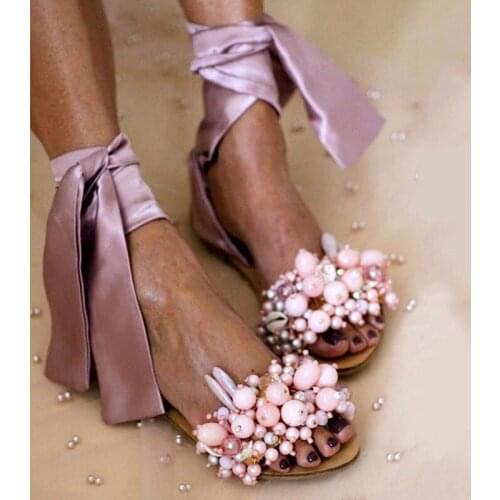 Fashion Summer Female Sandals Lace Up Flat Sandal Non-Slip Wild Cute Sweet Beads Flower Sandals Casual Band Ladies Beach Shoes