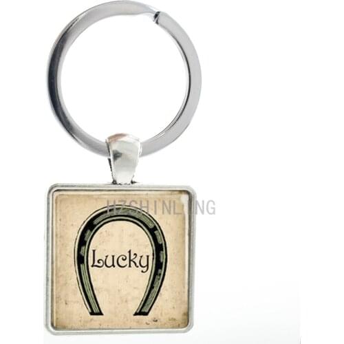 Vintage Lucky Horseshoe square pendant keychain antique style Lucky Horseshoe key chain ring holder men love horse jewelry AA61