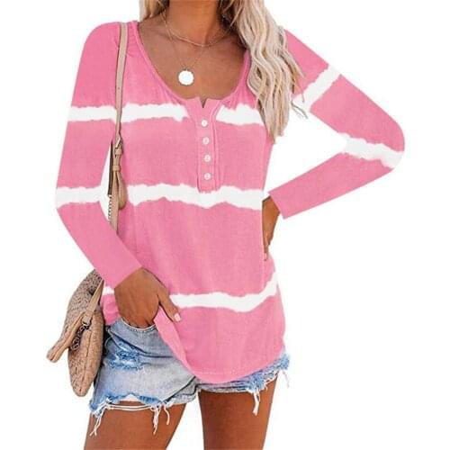 New Spring Women Casual Button Low Collar Long Sleeve Blouse Plus Size Loose Tie Dye Stripe Printing Beach Shirts Female Tops