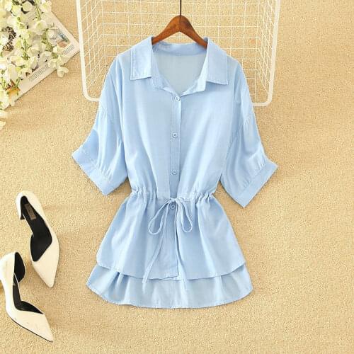 Women 2021 Summer New Casual Loose Shirts Fashion Office Lady Solid Color Chiffon Blouse for Women Sashes Tunic Shirts Tops Q511