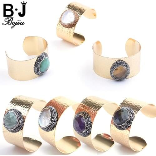 Bojiu Noble Natural Stone Women Bangles Crystal Rhinestones Alloy New Jewelry Women Quartz Cuff Gold Color Bangles BR010