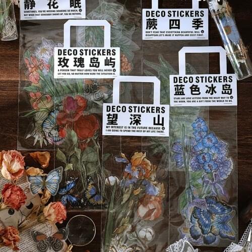 10pcs Mountain Butterfly Journal Decorative Stickers Scrapbooking Stick Label Diary Stationery Album Retro Flower plants Sticker