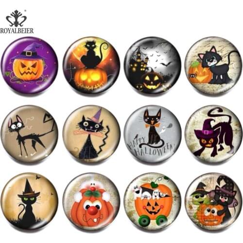 12pcs/Lot Halloween Pumpkin Snaps Button Skull Snap Buttons 18mm Black Cat Glass Snaps Fit DIY Bracelets For Charm Jewelry