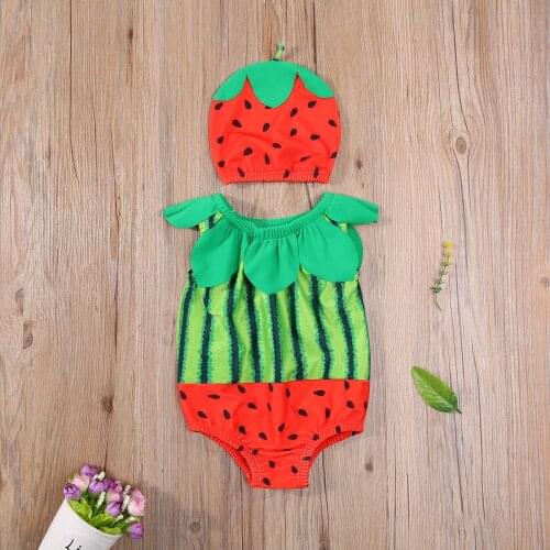 Summer 2 Pcs Toddler Bathing Suit Baby Girls Sleeveless Cute Watermelon Print Round Neck Swimsuit + Bathing Cap