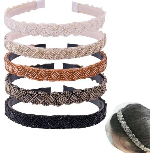 Elegant Stretchy Hairbands For Women Hand Made Colorful Rhinestone Beaded Head Bands Female White Black Geometric Turban Wedding