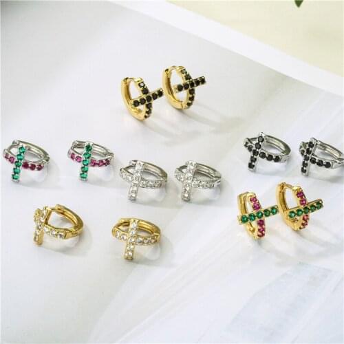HECHENG,1 pair,Cross Zircon Small Hoop Earrings,For Women INS Hot Diamond Circle Fashion Jewelry