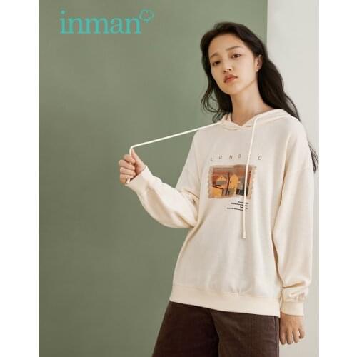 INMAN Womens Hoodies Autumn Winter Retro Illustration Printing Loose Dropped Shoulder Design Beige Casual Sweatshirt