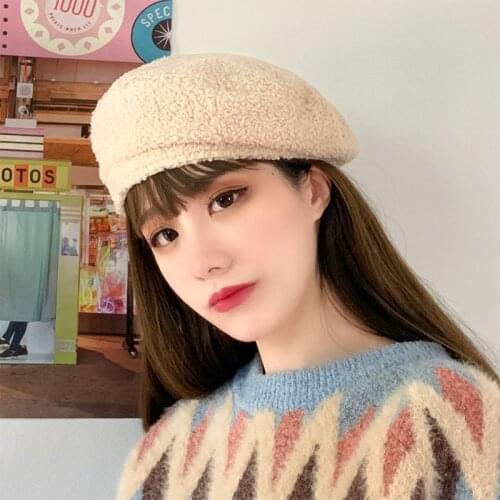 H3549 Lamb Cashmere Beret Hat Women Korean Warm Thick Painter Cap Autumn Winter Japanese Pure Color Simple Fashion Girl Hats