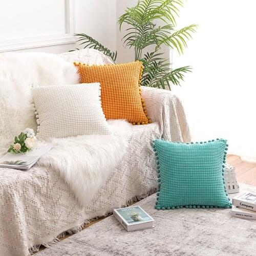 2pc Ins Style Velvet Cushion Cover with Pompon Ball for Living Room Sofa Car Pillowcase Modern Solid Color Corduroy Cushion Case