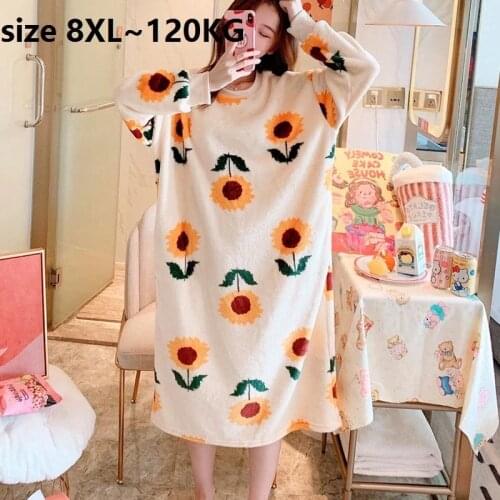 Large size 8XL springWinter Women Long Sleeve Nightgown Flannel Nightgowns Fleece Warm floral cartoon Dress Home Wear sleep wear
