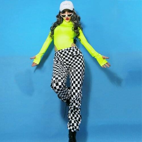 Hip-Hop Street Dance Wear Performance Clothing Adult Jazz Dance Costumes Casual Loose Fluorescent Green Beam Pants Suit SL4557