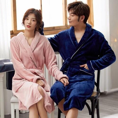 Autumn and Winter Thickened Coral Velvet Couples Nightgown Bathrobe Home Wear Flannel European and American Solid Color Simple