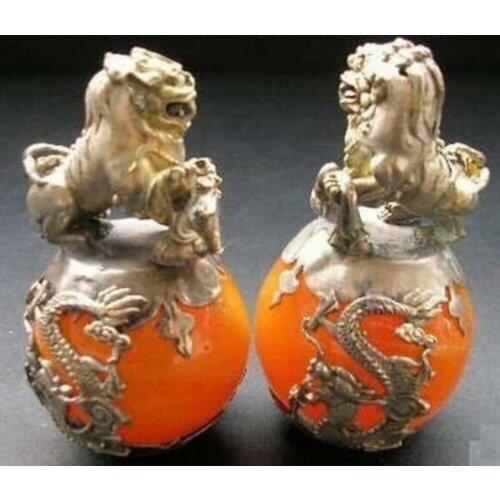 A pair Chinese Tibetan silver Agate lion Free shipping