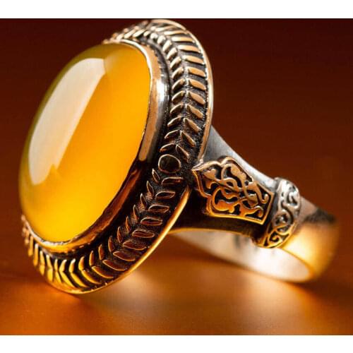 Payitaht Abdulhamid 925 Sterling Silver Sultan Yellow Amber Stone Rings Original Special Men Jewelry Plain Turkish Hoop Series