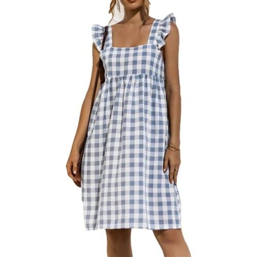 Casual Plaid Women Summer Dress 2021 Sexy Square Collar Ruffles Loose Sleeveless Backless A-line Mini Dress Vestidos