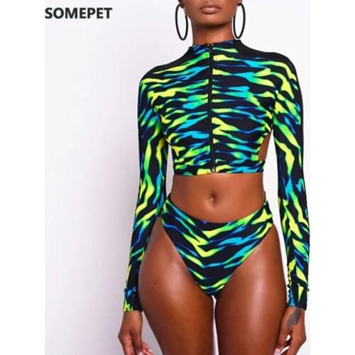 Sexy Long Sleeve Womens Swimsuit 2021 Zipper African Swimwear Backless Bathing Suit High Waist Bikini Set Brazilian Beachwear
