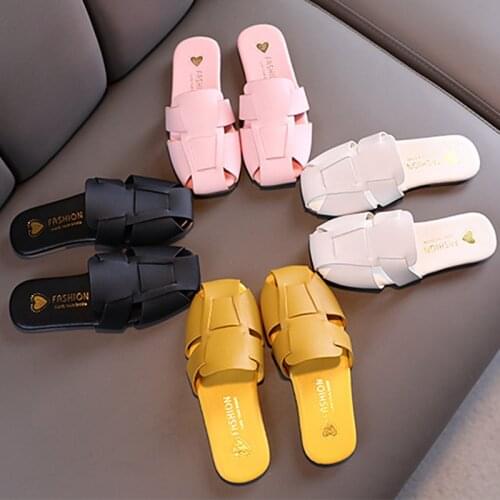 Weave Solid Color Slippers Kids PU Leather Shoe Girls Princess Shoe Anti-collision Chidlren Slides Household Slipper Indoor Shoe