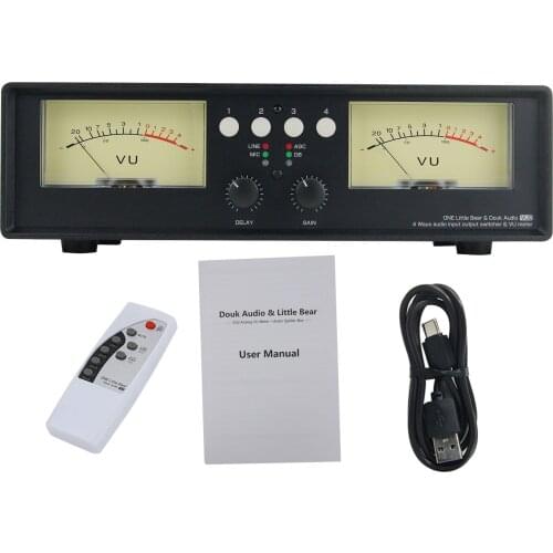 VU2-L Bulb Version MIC+LINE Dual VU Meter Audio Splitter Box 4-Way Switcher Sound Level Indicator