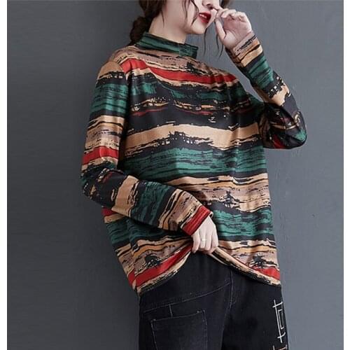 Women Long Sleeve Casual T-shirts New Arrival 2020 Autumn Korean Style Vintage Print Stand Collar Loose Female Tops Tees S2315
