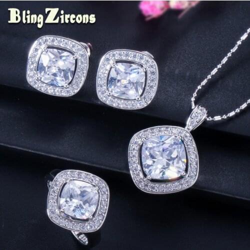 BeaQueen Fashion White Gold Color 3pcs Party Jewelry Set Square Cubic Zircon Crystal Women Necklace Earring and Ring Sets JS031