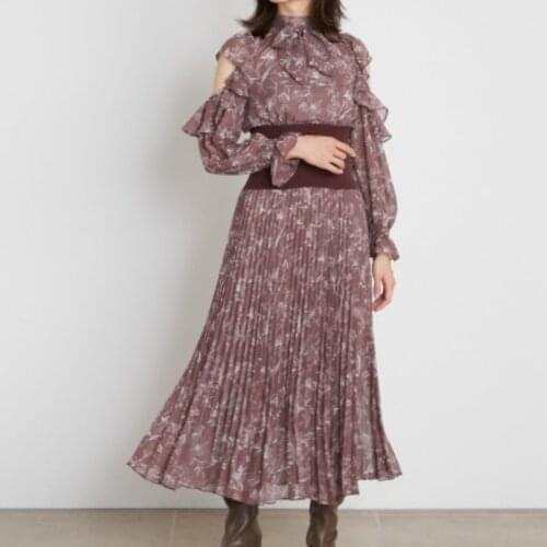 Sweet Off-Shoulder Flying Sleeve Elegant Dress High Waist Screw-thread Knit Patchwork Slim Robe Japanese Print Pleated Vestidos