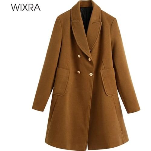 Wixra Women Vintage Parka Jackets Autumn Winter Double Breasted Long Wool Coat Ladies Full Sleeve Notched Collar Overcoat