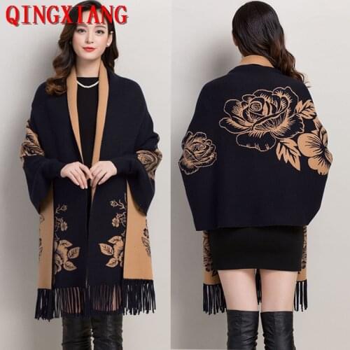 2021 Women Autumn Female Long Sleeves Big Pendulum Long Cape Outstreet Wear Winter Knitted Printed Poncho Vintage Tassel Shawl