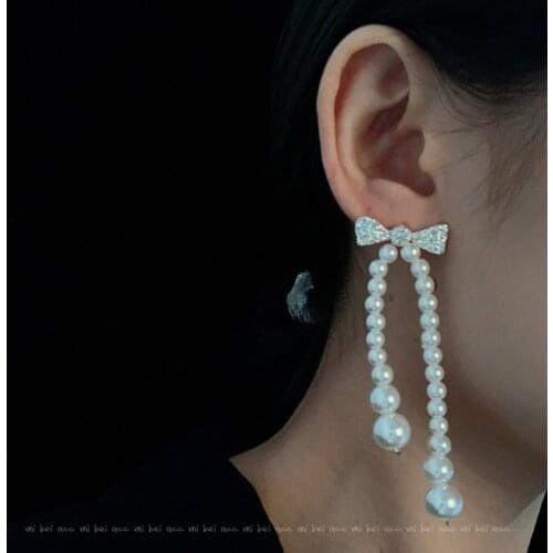 Besimpol Elegant Long Pearl Bowknot Earrings 925 Silver Zircon Stud Earrings For Women Party Fashion Female Fine Jewelry Gifts