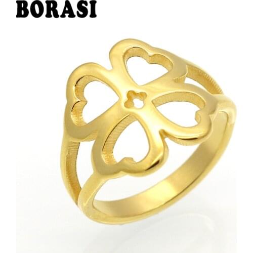BORASI Womens Hollow Lucky Cute Clover Ring In Gold Color Titanium Wedding Band Bague Jewelry Size Selectable 6-9