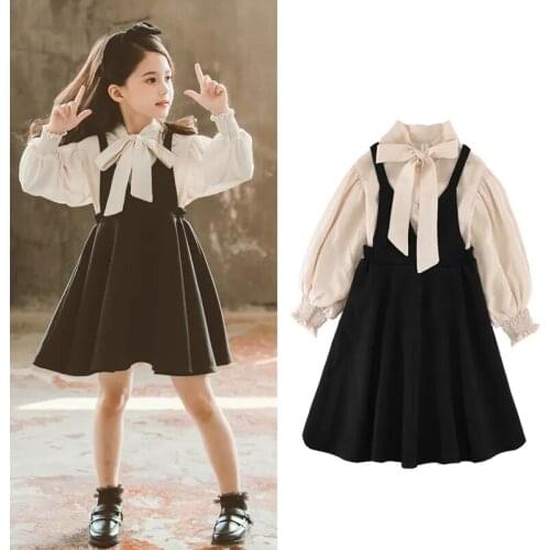 Kids Girls Spring Autumn Dresses Princess Girls Bowknot Long Lantern Sleeve Tops Pleated Strap Dress Suits Children Clothes Sets