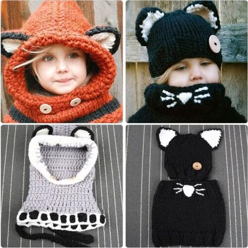 Cat Ear Baby Knitted Hats with Scarf Set Kawaii Windproof Winter Kids Boys Girls Warm Shapka Caps for Children Beanies Caps Gift