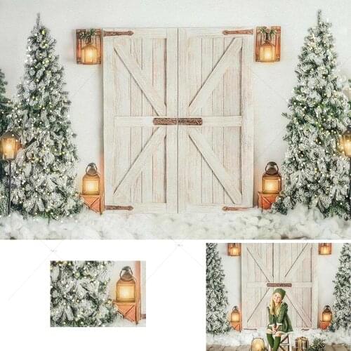 Child Portrait Photography Backdrops Merry Christmas Winter White Wooden Door Xmas Tree Background Photo Studio Photocall Decor
