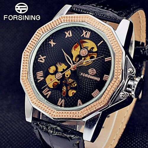 FORSINING Mens Top Luxury Brand Military Geometric Multifaceted Dial Automatic Mechanical Watches Leather Hollow Skeleton Watch
