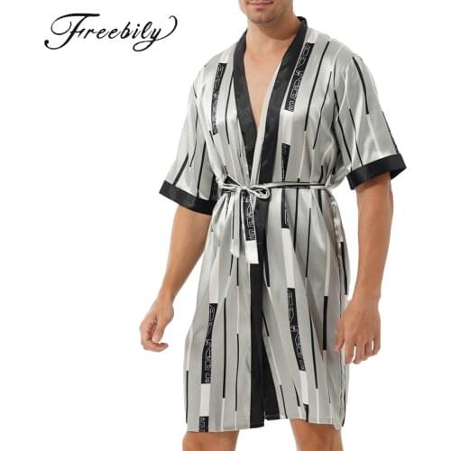 Mens Luxury Short Sleeve Kimono Robes Ice Silk Satin Striped Loungewear Soft Nightwear
