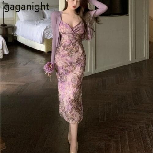 Gaganight Women Set Summer V Neck Slit Floral Print Spaghetti Strap Midi Dress+Solid Sun Protection Knitted Cardigan Female 2pcs