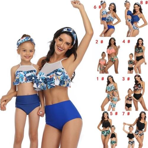 Fashion Family Matching Bikini Swimwear Kids Girls Print Two-Piece Swimsuits Halter Tops+High Waist Beachwear Children Girl 2Pcs