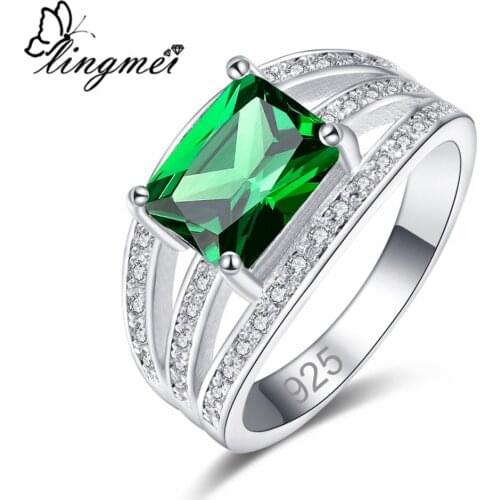 Lingmei New Comes Rectangle Green & Multi White CZ Silver ColorRing Size 6-9 Luxury Elegant Women Jewelry Anniversary
