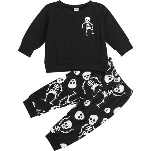 Lioraitiin 1-6Years Toddler Baby Boy Fashion Autumn 2Pcs Clothing Set Long Sleeve Skeleton Printed Top Long Pants For Cool Kids