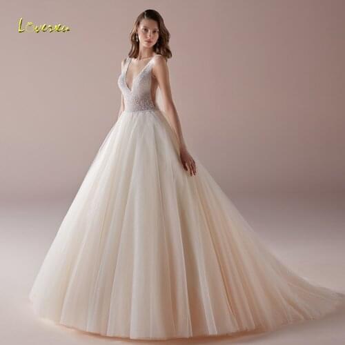 Loverxu Sexy Backless V Neck Princess Wedding Dresses 2020 Luxury Beaded Pearls Court Train Vintage A Line Bridal Gowns