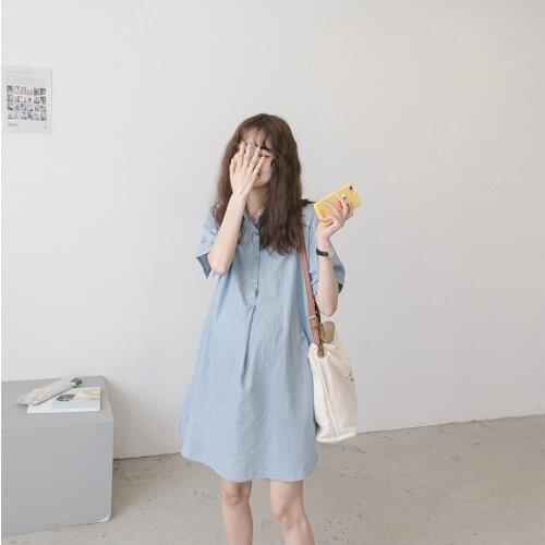 Fashion hipster summer new maternity dress lapel open button doll shirt pregnant women short-sleeved dress