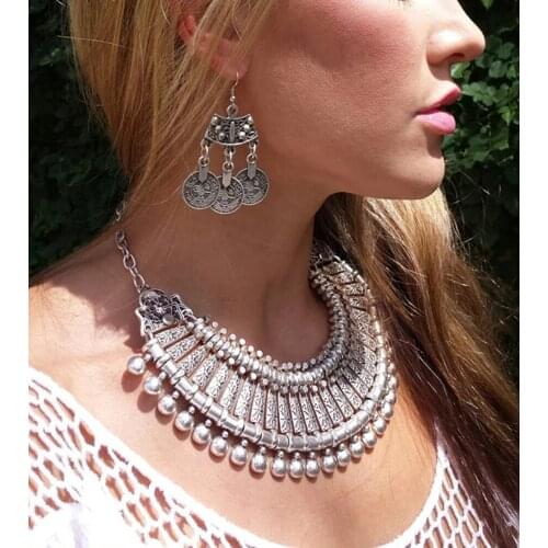 Tribal Metal Carved Flower Coins Tassel Necklace&earrings set For Women Turkish Vintage Ethnic Gypsy Boho Jewelry