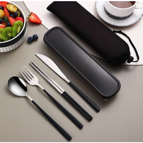 4Pcs/set Camping Tableware Set Reusable Travel Cutlery Set Stainless Steel Spoon Fork Chopsticks Portable Case with Gift Box