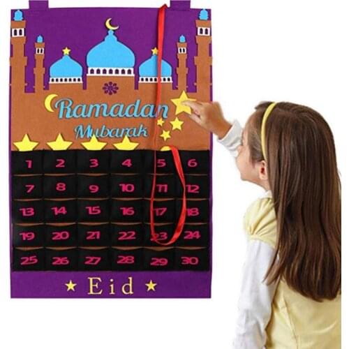 Newest Eid Mubarak 30days Advent Calendar Hanging Felt Countdown Calendar for Kids Gifts Ramadan Party Decorations Supplies